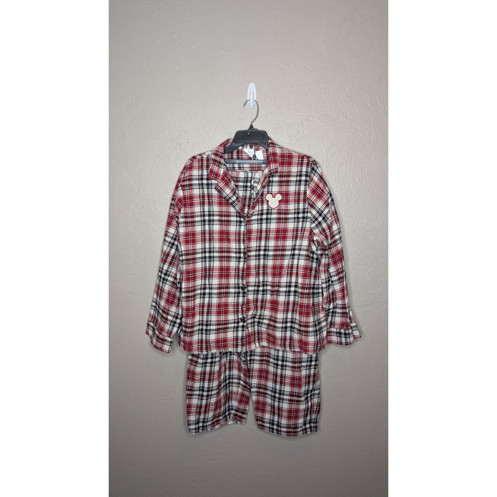 Disney Parks Womens 1X Red Black White Mickey Plaid Flannel Cotton Pajama Set - Picture 1 of 12